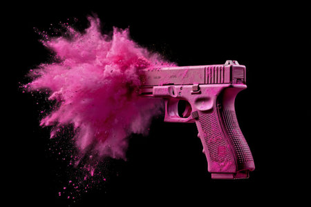 A pink gun bursts through colorful powder, creating a vibrant explosion against a dark background. The vivid colors enhance the striking visual, making it captivating and dynamic..の素材