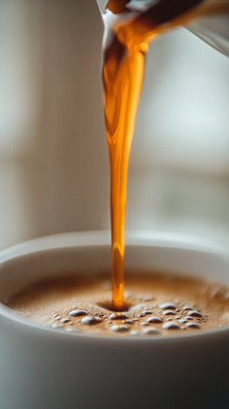 Coffee is being poured into a white cup, creating a rich, aromatic liquid. The warm light adds a cozy atmosphere, perfect for starting the day.の素材