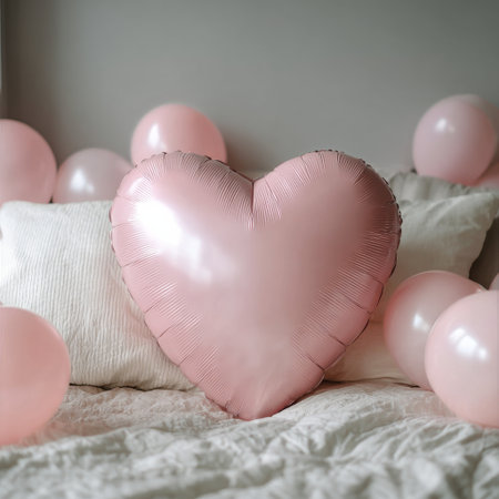 A pink heart-shaped balloon sits in front of soft pillows on a bed, surrounded by colorful balloons. The cozy room has a light, inviting atmosphere perfect for celebrations..の素材