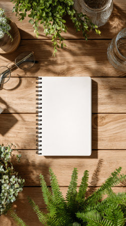 A blank notebook rests on a wooden table with gentle sunlight casting shadows. Nearby, there are glasses and small plants, creating a peaceful study atmosphere..の素材