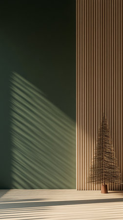 A beautifully decorated Christmas tree stands in a stylish room featuring a dark green wall and wooden paneling. The soft lighting enhances the festive atmosphere..の素材