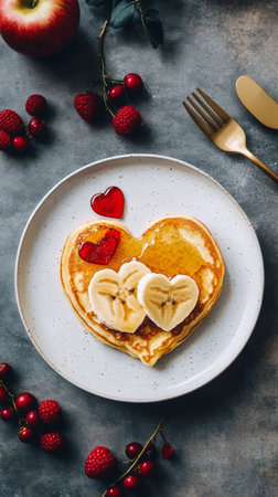 Delicious heart-shaped pancakes topped with sliced bananas and red syrup are served on a white plate. Fresh berries and an apple surround the plate, creating a joyful breakfast scene.の素材