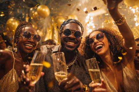 A group of friends enjoys a lively celebration with sparkling drinks in hand. They are smiling and surrounded by festive decorations, creating a joyful atmosphere..の素材