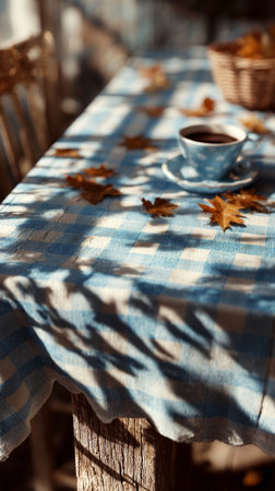 A blue checkered table is set with a cup of coffee and scattered autumn leaves. The warm sunlight creates soft shadows, enhancing the autumn vibe of the scene.の素材