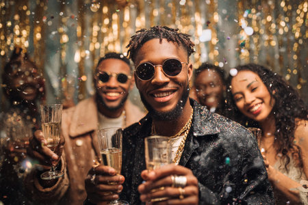 A group of friends enjoys a lively celebration with sparkling drinks in hand. They are smiling and surrounded by festive decorations, creating a joyful atmosphere.の素材