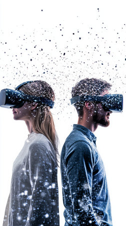 Two people wearing virtual reality headsets stand back to back, surrounded by floating particles and bright visual effects. The scene captures the excitement of immersive technology.の素材