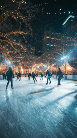 People glide across a shimmering ice rink during a cool evening, while vibrant lights hang from trees, adding a magical touch to the winter atmosphere..の素材