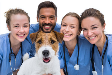 A group of four smiling veterinary professionals stand together with a cheerful dog. They are dressed in scrubs and wearing stethoscopes, celebrating their work in animal care.の素材
