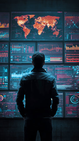 A person stands in front of multiple large screens displaying world maps and data visualizations. The setting is dark, emphasizing the glow from the monitors showing insights.の素材