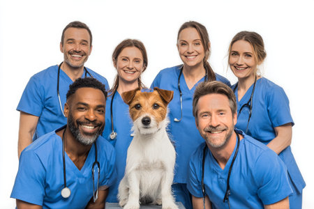 A group of four smiling veterinary professionals stand together with a cheerful dog. They are dressed in scrubs and wearing stethoscopes, celebrating their work in animal care..の素材
