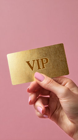 A hand displays a shiny gold VIP card on a soft pink background, suggesting exclusivity and luxury. The card stands out with its embossed letters, drawing attention to special privileges..の素材