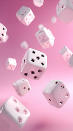 White dice are suspended in mid-air against a soft pink background, showing different numbers on their faces. The scene evokes a sense of fun and excitement.の素材