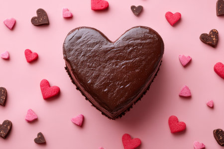 A heart-shaped chocolate cake sits at the center, surrounded by small red and pink heart candies on a soft pink surface. This sweet setup is perfect for celebrations.の素材