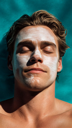 A young man lies back on a vibrant poolside surface with a white face mask applied. He enjoys a calm moment under the warm sun, eyes closed and peaceful.の素材