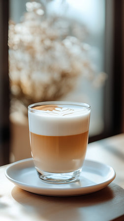 A glass of coffee with creamy froth sits on a white saucer, glowing in soft morning light, with a blurred background of dried flowers in a warm cafe setting.の素材