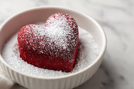 A vibrant red heart-shaped dessert sits in a white dish, covered with a light dusting of powdered sugar on a smooth marble surface. Soft lighting enhances its appeal.の素材