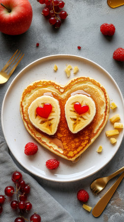 Delicious heart-shaped pancakes topped with sliced bananas and red syrup are served on white plate. Fresh berries and an apple surround the plate, creating a joyful breakfast scene..の素材