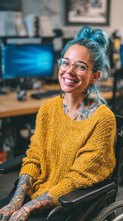A cheerful artist with bright blue hair sits in a cozy studio, surrounded by computer screens and art materials. She is wearing a warm sweater and has colorful tattoos on her arms..の素材