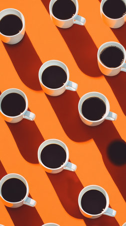 White coffee cups filled with dark liquid are placed in a neat arrangement on a bright orange surface. The shadows cast by each cup enhance the visual interest of the scene..の素材