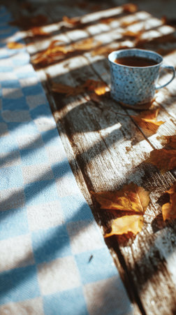 A cup of coffee sits on a blue checkered tablecloth adorned with autumn leaves. Sunlight filters through trees, creating beautiful patterns on the surface..の素材
