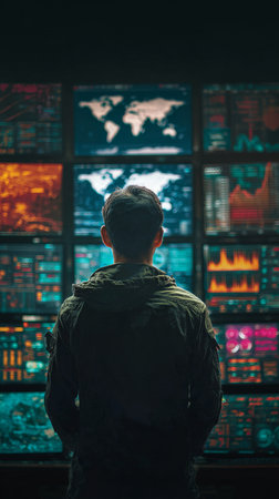 A person stands in front of multiple large screens displaying world maps and data visualizations. The setting is dark, emphasizing the glow from the monitors showing insights..の素材