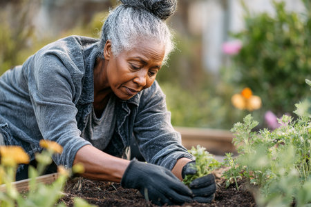 A woman carefully plants young herbs in a wooden planter. She wears gloves and appears focused, surrounded by lush greenery. The setting is bright, indicating a sunny afternoon..の素材