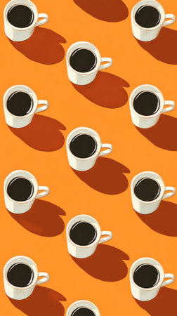 White coffee cups filled with dark liquid are placed in a neat arrangement on bright orange surface. The shadows cast by each cup enhance the visual interest of the scene..の素材