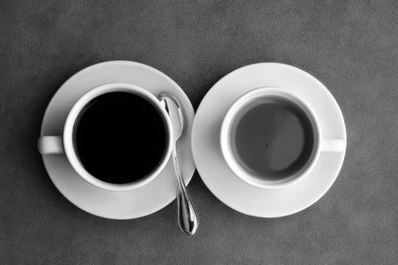 Two coffee cups sit on a gray surface, one black and one white, showcasing a serene scene ideal for enjoying a warm drink during a quiet morning..の素材