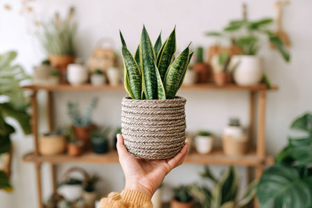 A person holds a vibrant snake plant in a woven basket indoors. The background features shelves filled with plants and home decor items, creating a cozy atmosphere..の素材