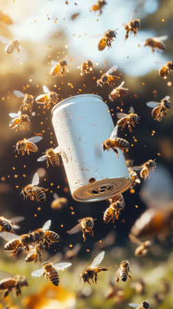 Swarm of bees hovers around an abandoned can in a bright outdoor area, with sunlight filtering through trees in the background, creating a lively atmosphere.の素材