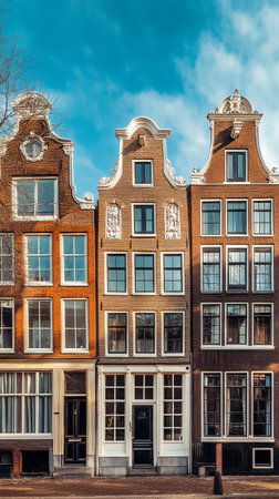 Rows of beautifully designed historic buildings can be seen in Amsterdam. The tall structures showcase unique architecture against a clear blue sky in the vibrant city..の素材