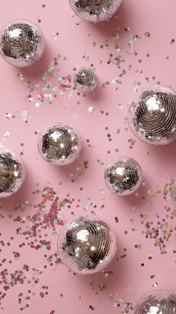 Shiny disco balls of various sizes sit on a soft pink background with colorful glitter scattered around, setting a joyful scene for a party or festive event.の素材