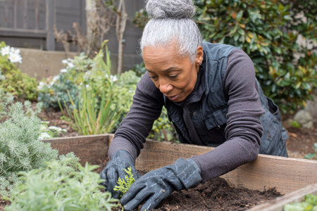 A woman carefully plants young herbs in a wooden planter. She wears gloves and appears focused, surrounded by lush greenery. The setting is bright, indicating a sunny afternoon.の素材