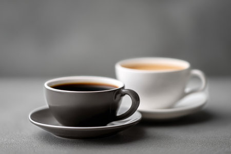 Two coffee cups sit on a gray surface, one black and one white, showcasing a serene scene ideal for enjoying a warm drink during a quiet morning.の素材