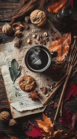 Warm coffee sits in a black cup beside a cookie, surrounded by autumn leaves, spices, and nuts. This rustic scene evokes comfort and seasonal warmth during the fall.の素材