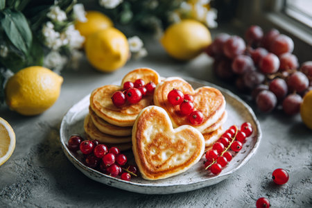 Heart-shaped pancakes are arranged on a plate, topped with vibrant red berries and surrounded by fresh fruits like grapes and lemons, creating a cheerful breakfast scene..の素材