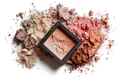 Bright cosmetic powders in shades of pink, purple, and yellow are spread around a makeup palette, showing the product for cosmetic use..の素材