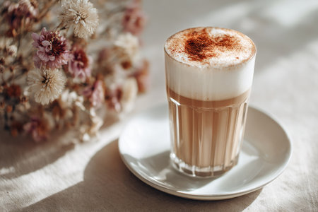 A glass of coffee topped with frothy milk and sprinkled with cinnamon sits on a white plate beside a bouquet of dried flowers. Warm afternoon light casts soft shadows.の素材
