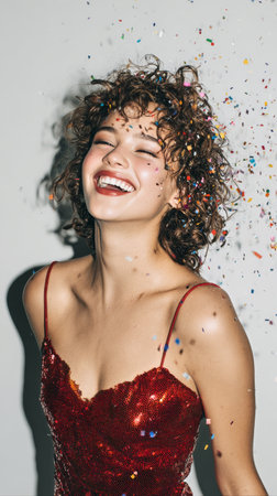 A young woman with curly hair beams with happiness while wearing a sparkling red dress. Colorful confetti flutters around her, capturing a festive moment at a lively event..の素材