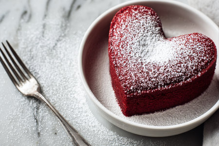 A heart-shaped red velvet cake sits on a white plate, topped with a dusting of powdered sugar..の素材