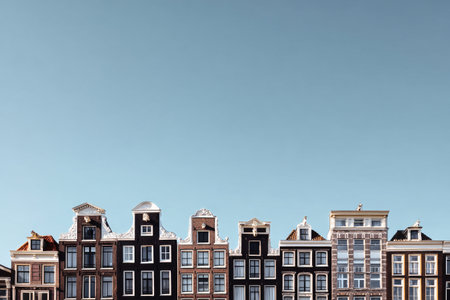 Colorful historic buildings stand tall along the waterfront in Amsterdam. The clear blue sky enhances the beauty of these architectural gems, attracting many visitors daily.の素材