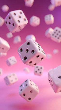 Dice are captured mid-air against a colorful background, creating a sense of motion and excitement. The playful scene evokes feelings of fun and chance.の素材