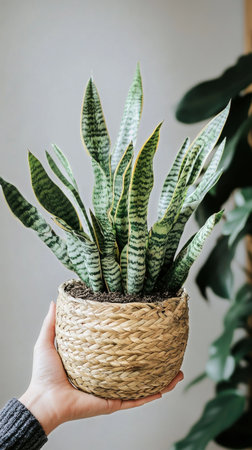 A person holds a snake plant in a woven basket while standing indoors. The bright green leaves stand out against neutral walls, adding a fresh touch to the space.の素材