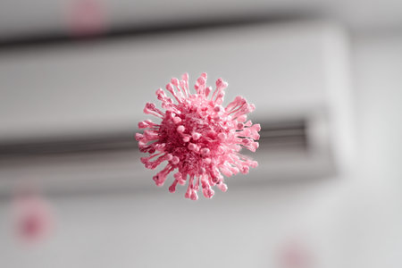 Detailed representation of a virus structure in bright pink, showing its spikes and spherical shape. The background is neutral, highlighting the virus visually.の素材