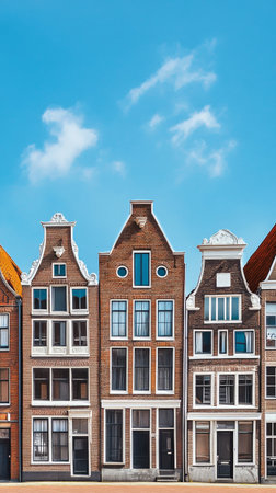 Rows of traditional Dutch houses line the street, showcasing unique facades and colorful rooftops. This lively scene captures the charm of Amsterdams rich architectural heritage.の素材
