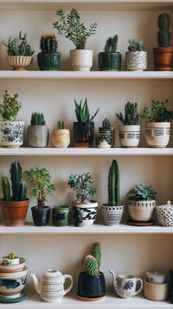 Pots with various cacti and succulents are neatly arranged on wooden shelves. The setting offers a warm and inviting atmosphere, ideal for plant lovers..の素材