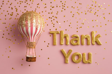 A hot air balloon with stripes floats above shiny gold confetti and the words Thank You. This cheerful scene adds a joyful vibe for celebrations and special moments.の素材