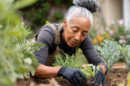 A woman kneels in her garden, carefully planting young herbs among vibrant flowers. The sun shines brightly, illuminating her passion for gardening and nature.の素材