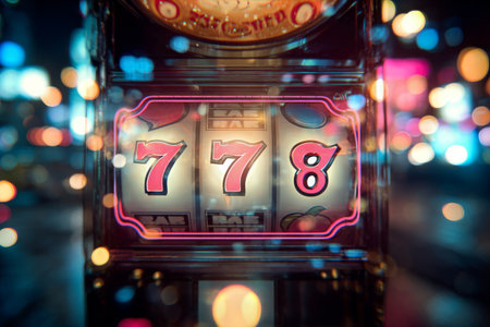 Bright symbols of lucky sevens shine on a slot machine with colorful lights in a gaming area at night, creating an exciting atmosphere for players hoping to win big..の素材