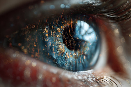 A close-up view of a human eye that displays reflective digital code and data, symbolizing the fusion of technology and human intelligence in a modern world..の素材